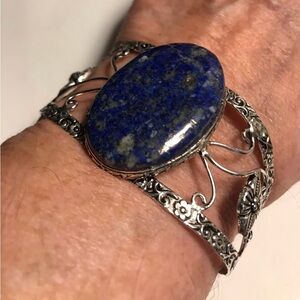 Lapis Lazuli Stamped 925 Sterling Silver Cuff Bracelet